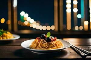 spaghetti con pomodoro salsa e basilico su un' piatto. ai-generato foto