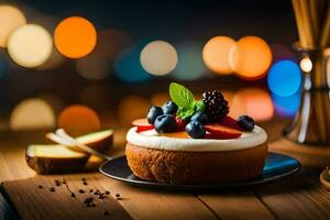 un' torta con frutti di bosco e crema su un' di legno tavolo. ai-generato foto