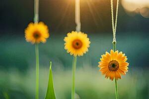 giallo girasoli sospeso a partire dal un' corda nel il erba. ai-generato foto