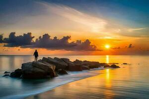 un' uomo in piedi su rocce a il oceano a tramonto. ai-generato foto