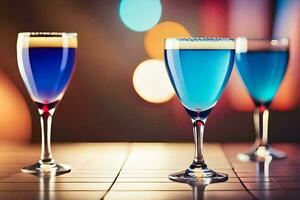 tre bicchieri di blu liquido seduta su un' tavolo. ai-generato foto