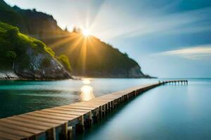 foto sfondo il cielo, acqua, montagne, mare, il sole, il mare, il cielo. ai-generato