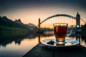 un' tazza di tè su un' di legno tavolo con un' ponte nel il sfondo. ai-generato foto