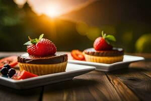 Due piccolo dolci su bianca piatti con fragole e cioccolato. ai-generato foto