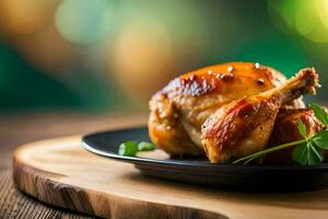 un' pollo su un' piatto con erbe aromatiche e spezie. ai-generato foto