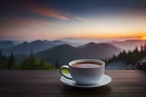 un' tazza di caffè su un' di legno tavolo nel davanti di un' montagna Visualizza. ai-generato foto