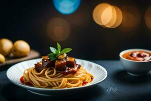 spaghetti con carne e salsa su un' piatto. ai-generato foto