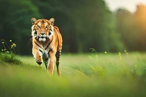 un' tigre a piedi attraverso un' erboso campo. ai-generato foto