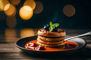 Pancakes con salsa e frutti di bosco su un' piatto. ai-generato foto