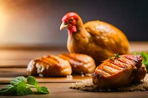 pollo e pesce su un' di legno tavolo. ai-generato foto