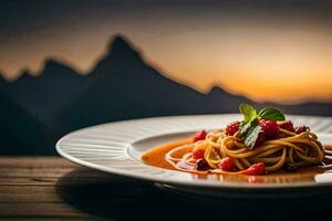 spaghetti con pomodoro salsa su un' piatto. ai-generato foto