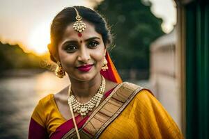un' bellissimo indiano sposa nel un' giallo sari. ai-generato foto