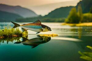 un' pesce è in piedi su il bordo di un' lago. ai-generato foto