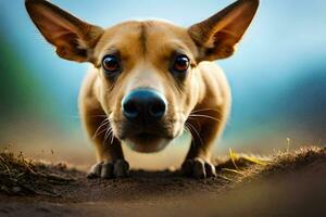 un' cane è guardare su a il telecamera. ai-generato foto