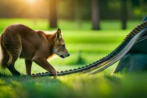 un' cane a piedi su un' verde campo con un' lungo corda. ai-generato foto