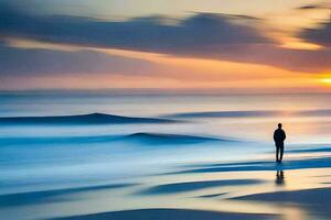 un' uomo in piedi su il spiaggia a tramonto. ai-generato foto