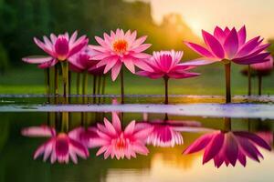 rosa loto fiori nel il acqua a tramonto. ai-generato foto