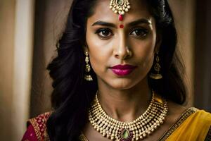 un' bellissimo indiano donna indossare un' oro collana e gioielleria. ai-generato foto