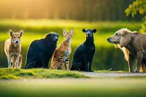 un' gruppo di animali seduta su il erba. ai-generato foto