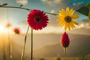 foto sfondo il cielo, fiori, montagne, sole, fiori, il cielo, fiori, il. ai-generato