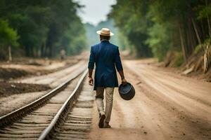 un' uomo nel un' cappello passeggiate giù un' Ferrovia traccia. ai-generato foto