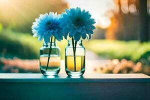 Due blu fiori nel vasi su un' tavolo. ai-generato foto