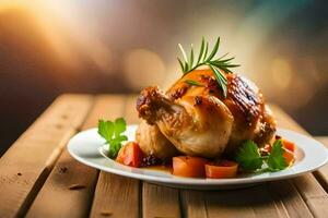 un' pollo su un' piatto con verdure e erbe aromatiche. ai-generato foto