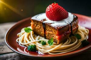 un' piatto con un' fragola e un' pezzo di torta. ai-generato foto