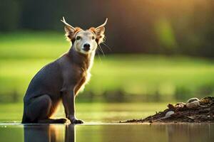 un' cane seduta su il bordo di un' lago. ai-generato foto