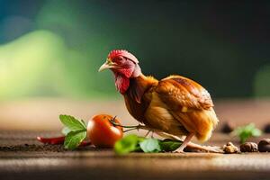 un' pollo è in piedi su un' tavolo con pomodori e erbe aromatiche. ai-generato foto