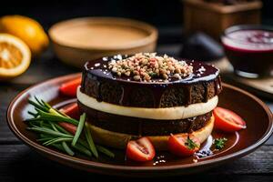 un' torta con cioccolato salsa e contorno. ai-generato foto