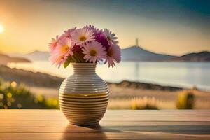 un' vaso di fiori su un' tavolo nel davanti di il oceano. ai-generato foto