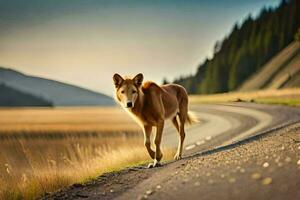 un' cane a piedi su il strada nel il mezzo di un' campo. ai-generato foto