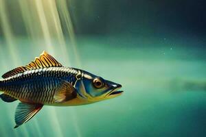un' pesce nuoto nel il acqua con luce del sole splendente su esso. ai-generato foto