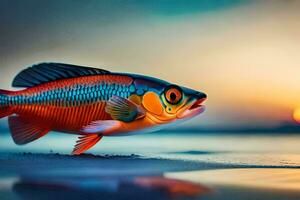 un' pesce con luminosa colori su il spiaggia. ai-generato foto