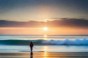 un' uomo è in piedi su il spiaggia con il suo tavola da surf a tramonto. ai-generato foto