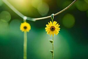 Due giallo fiori sospeso a partire dal un' filo. ai-generato foto