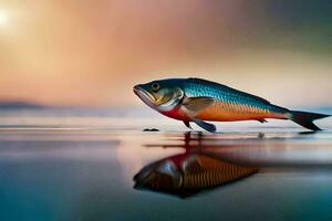 un' pesce è in piedi su il spiaggia a tramonto. ai-generato foto