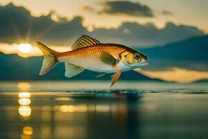 un' pesce è salto su di il acqua a tramonto. ai-generato foto