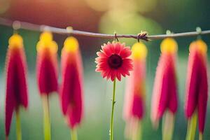 un' rosso fiore è sospeso a partire dal un' filo. ai-generato foto