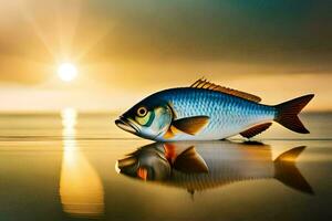 un' pesce è in piedi su il acqua a tramonto. ai-generato foto