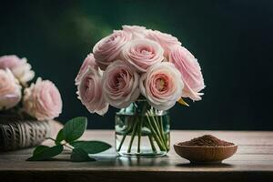 rosa Rose nel un' vaso su un' tavolo. ai-generato foto