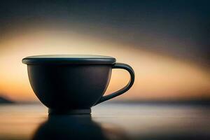 un' nero caffè tazza seduta su un' tavolo nel davanti di un' tramonto. ai-generato foto