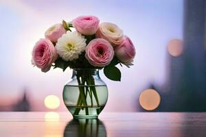 un' vaso pieno con rosa Rose su un' tavolo. ai-generato foto