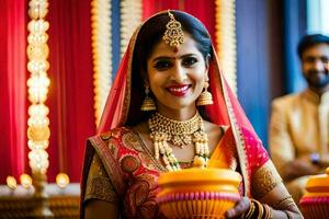 un' bellissimo sposa nel tradizionale indiano abbigliamento. ai-generato foto
