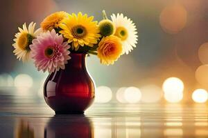un' vaso pieno con colorato fiori su un' tavolo. ai-generato foto