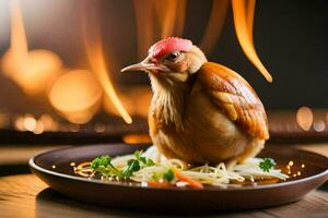 un' pollo è seduta su un' piatto con tagliatelle. ai-generato foto