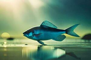 un' pesce è in piedi su il spiaggia con il sole splendente. ai-generato foto