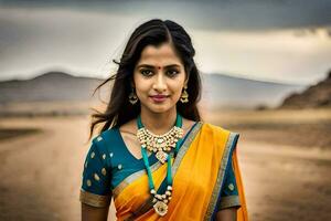 un' bellissimo donna nel un' giallo sari. ai-generato foto