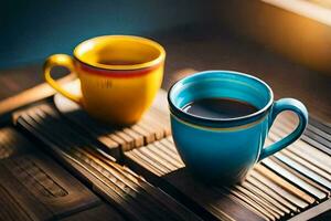 Due colorato tazze di caffè su un' di legno tavolo. ai-generato foto